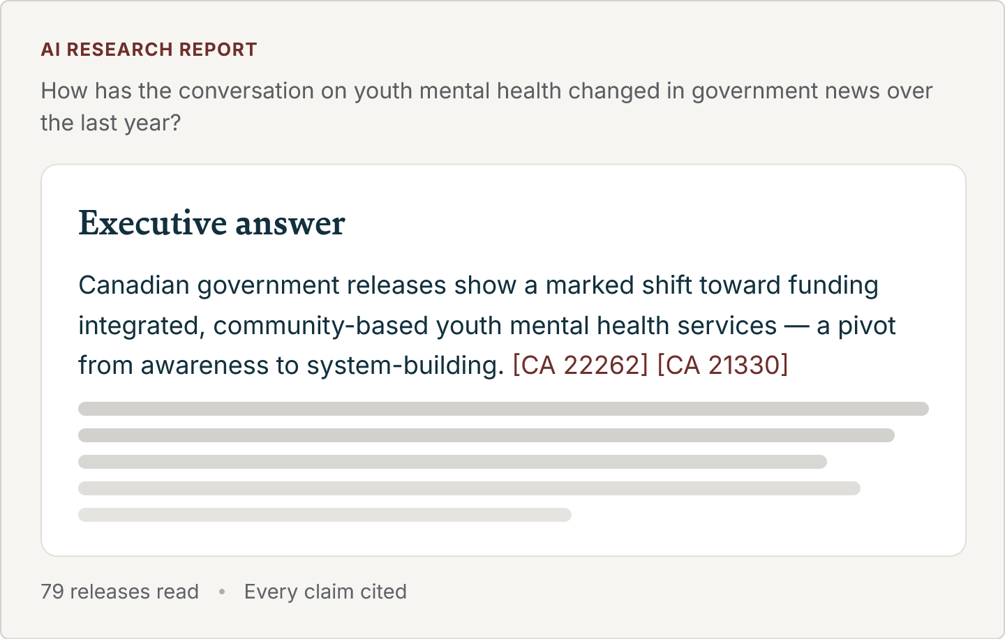 PoliPost AI research report answering how youth mental-health coverage changed in government news, with an executive answer and cited releases.