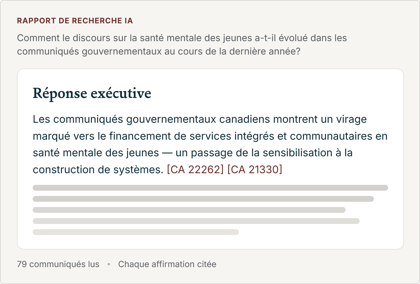 Rapport de recherche IA de PoliPost sur l’évolution de la couverture de la santé mentale des jeunes dans les actualités gouvernementales, avec réponse sommaire et communiqués cités.