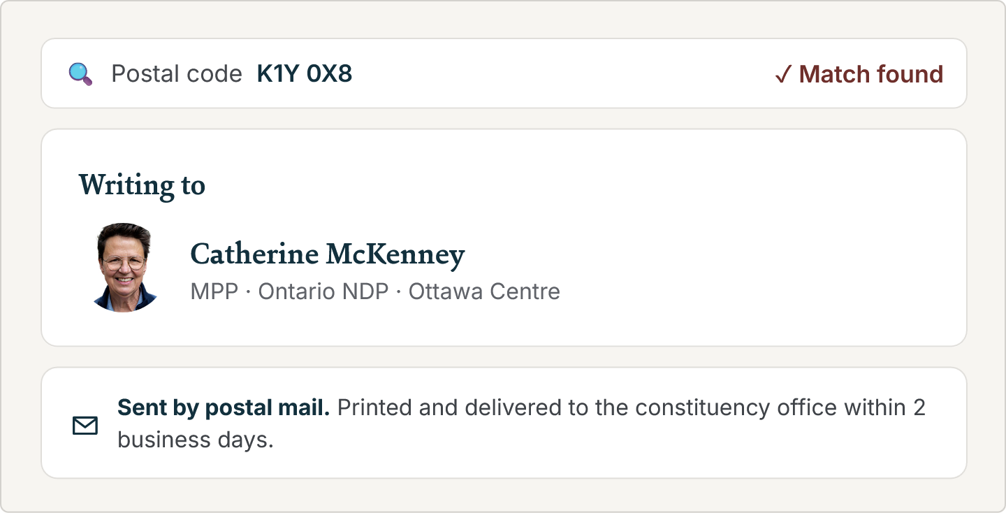 PoliPost campaign: postal-code matching to Catherine McKenney and confirmation that the letter was sent by postal mail.