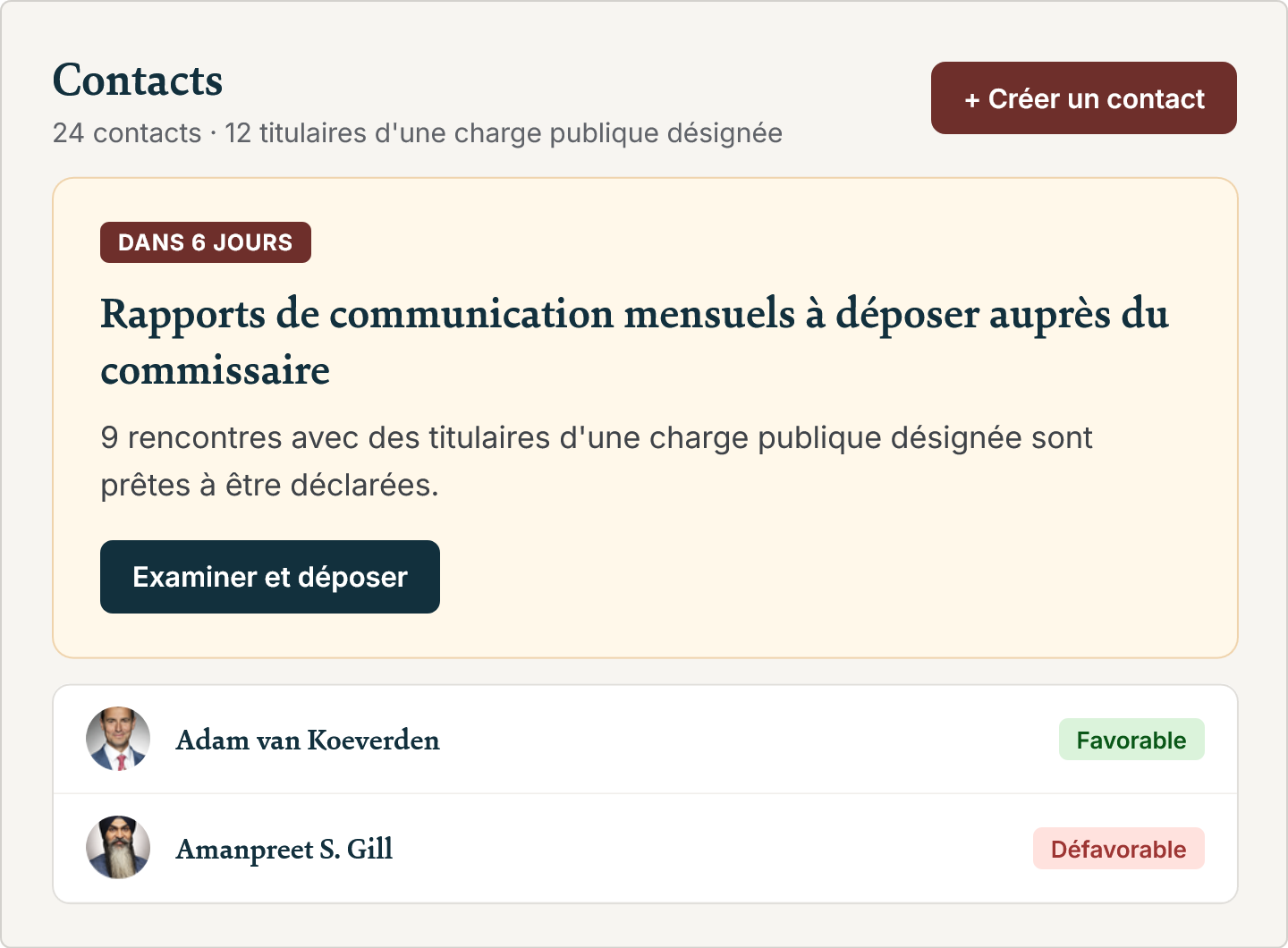 Contacts du CRM de lobbyisme PoliPost avec leurs positions et un rappel des rapports mensuels de communications à produire dans six jours.