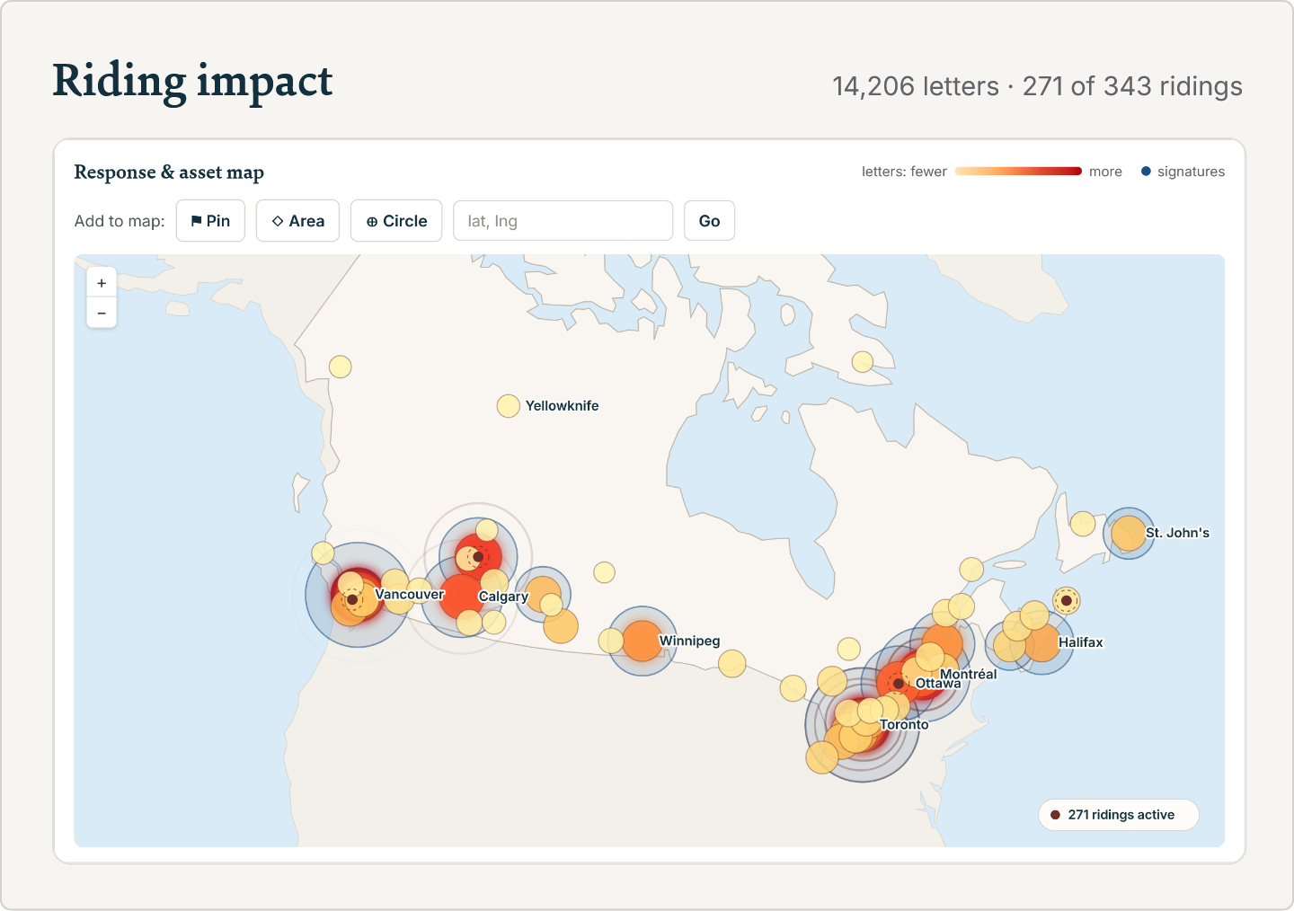 PoliPost riding-impact report: letters and signatures mapped by federal riding across Canada.
