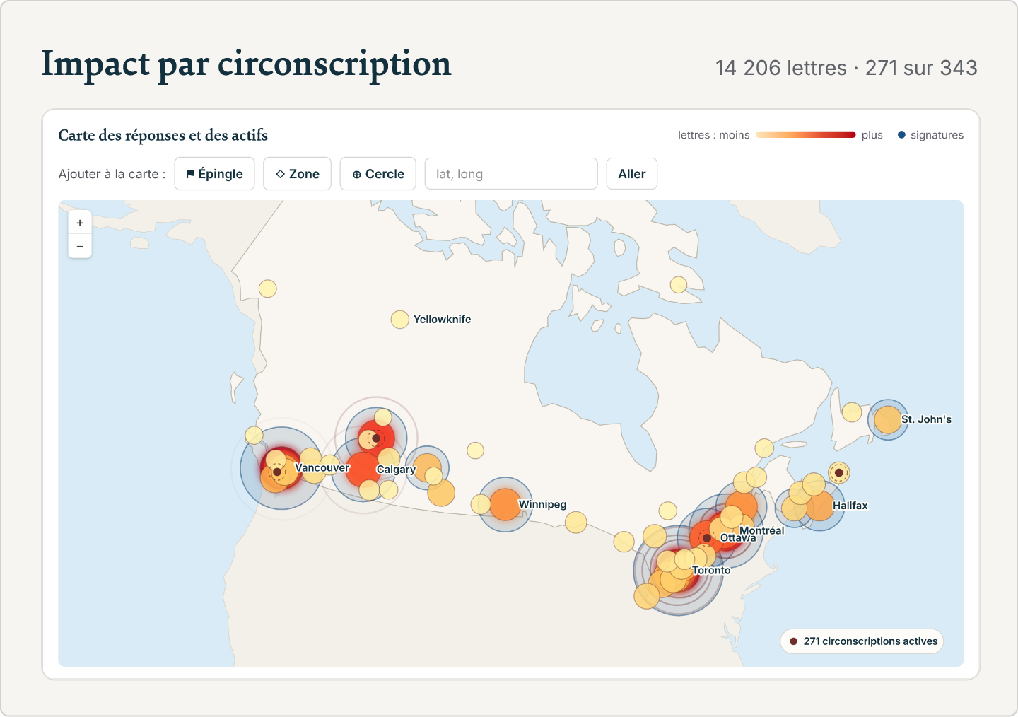 Rapport d’impact par circonscription de PoliPost : lettres et signatures cartographiées par circonscription fédérale au Canada.
